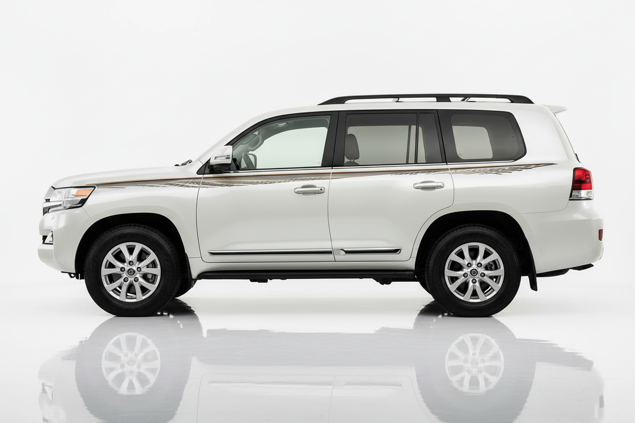 White and grey Land Cruiser with gold brown stripes facing left