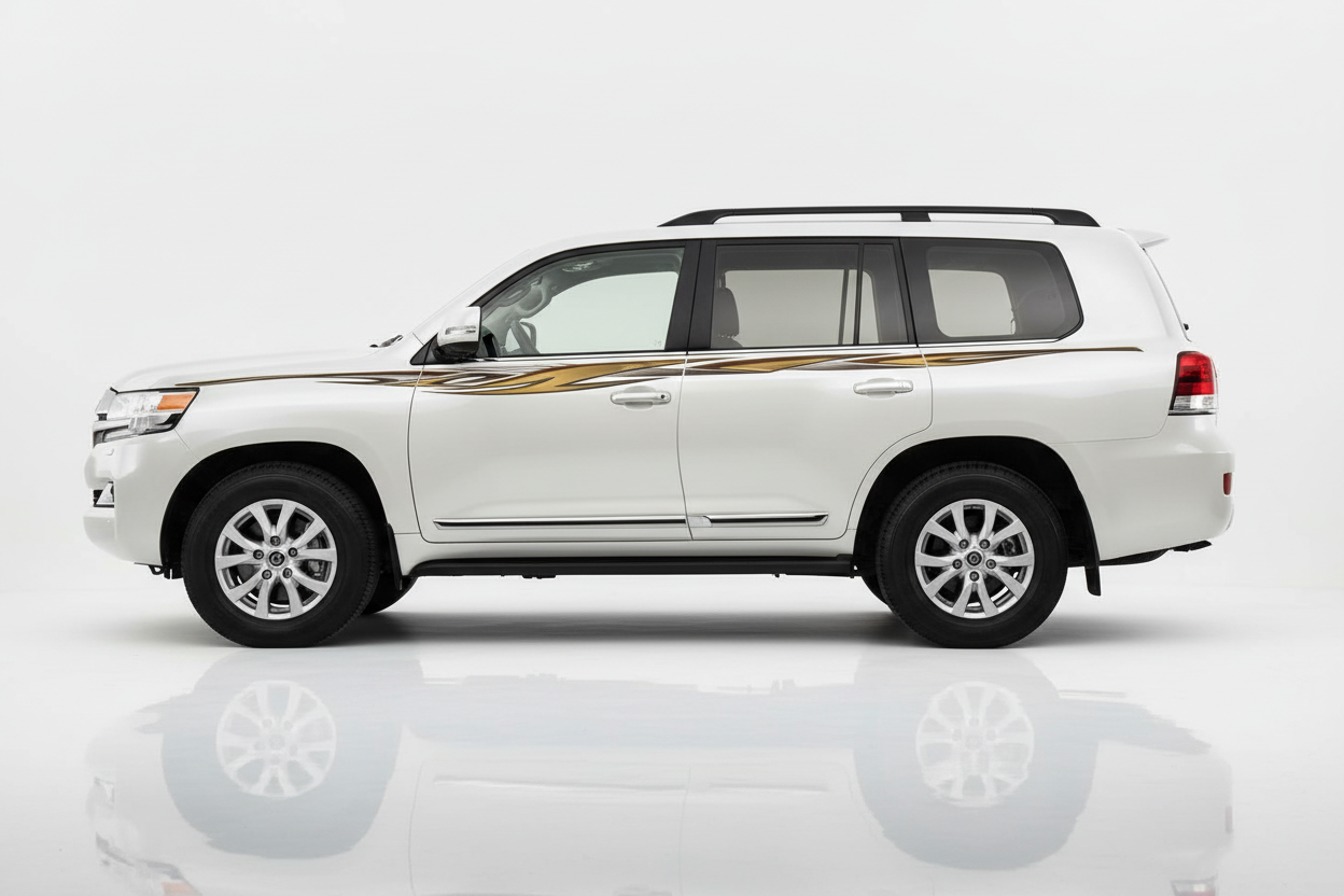 White Land Cruiser with gold and brown flowing stripes facing left