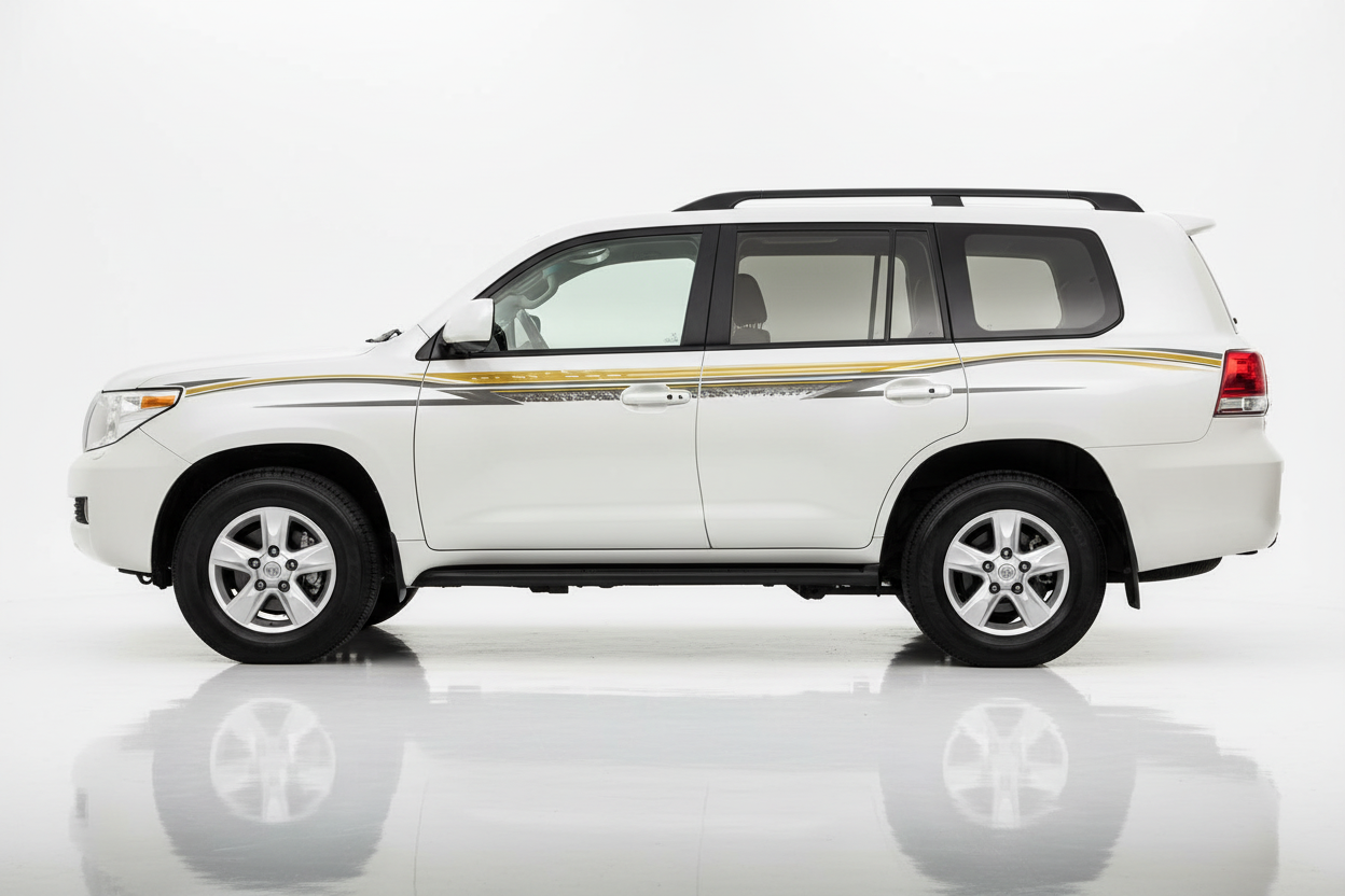 White Land Cruiser with gold and green flowing stripes facing left