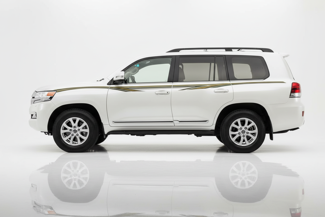White Land Cruiser with gold and green flowing stripes facing left