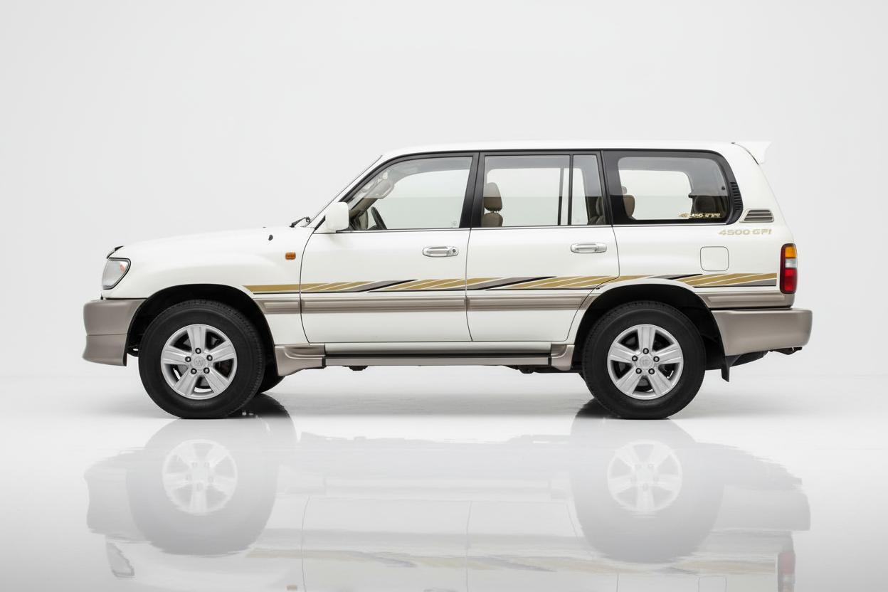 White Land Cruiser with gold angular stripes