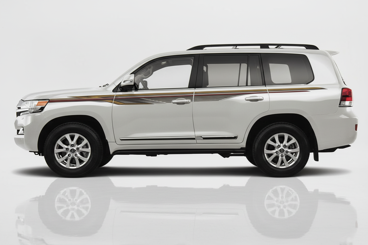 White Land Cruiser with gold maroon brown angular stripes facing left