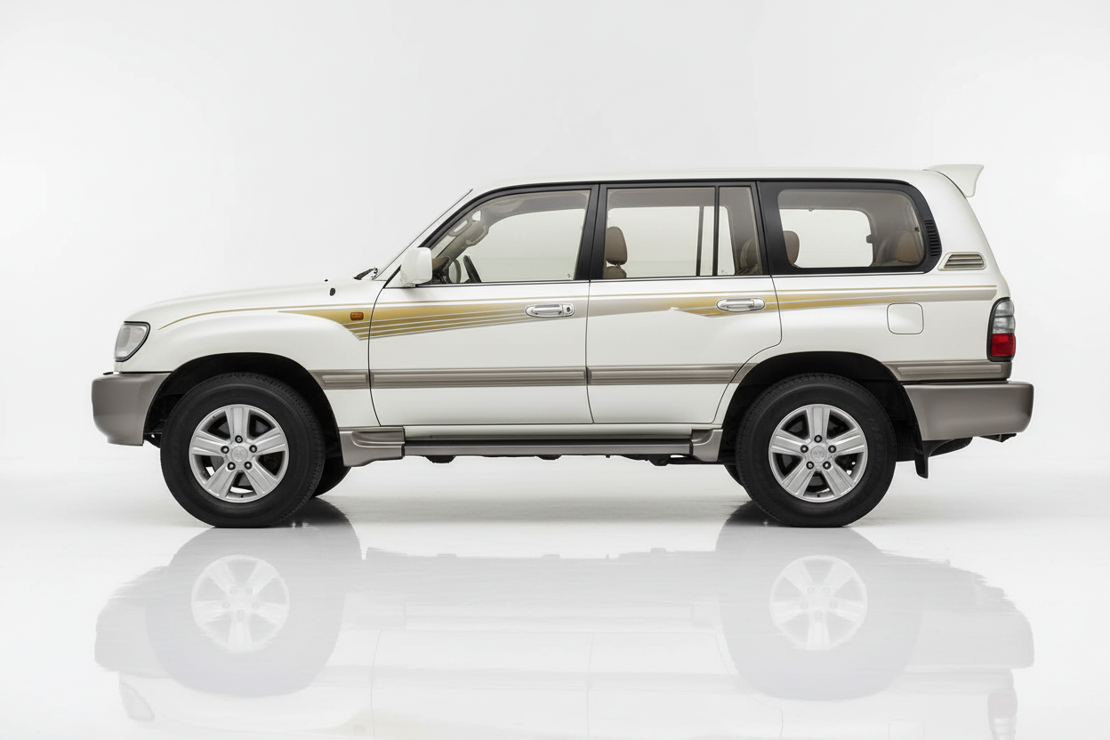 White Land Cruiser with gold stripes facing left