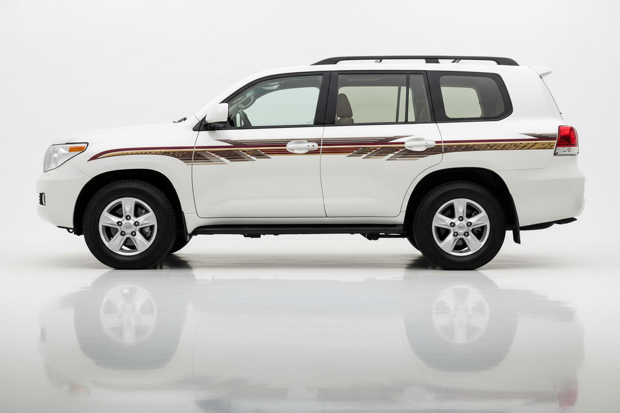 White Land Cruiser with maroon gold brown angular stripes facing left