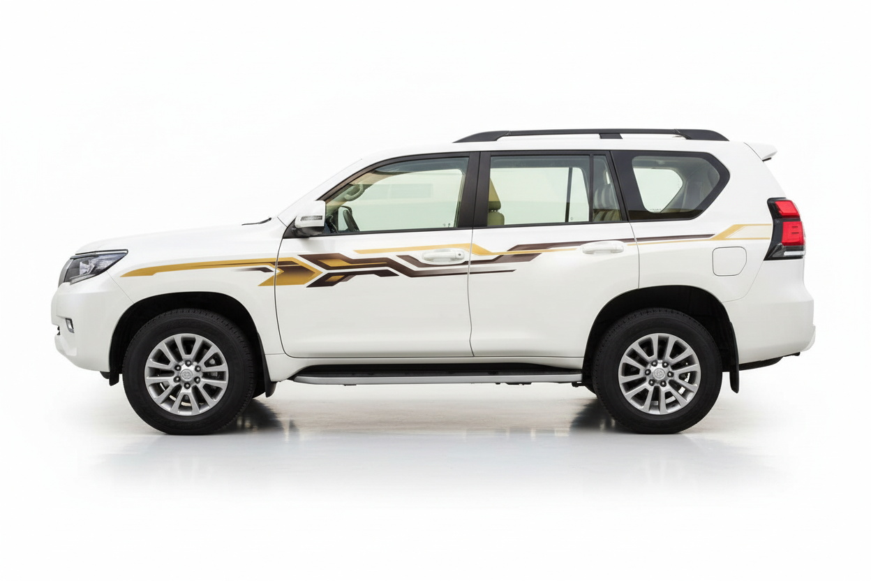 Land Cruiser with gold, black and white angular stripes