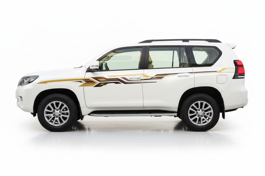 Land Cruiser with gold, black and white angular stripes