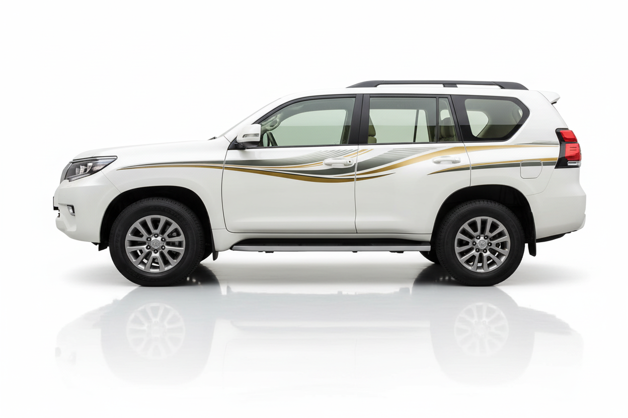 Land Cruiser with gold, gray and green flowing stripes