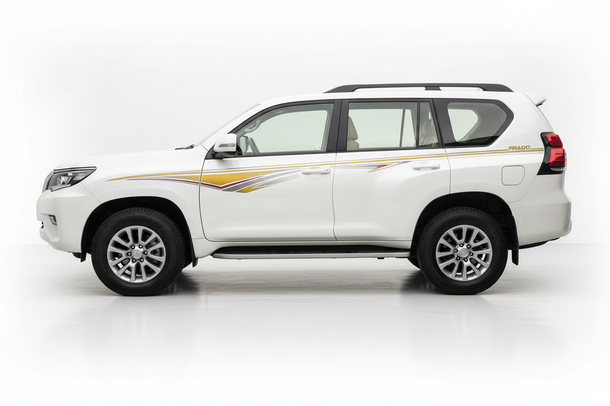 Land Cruiser with yellow and gray chevron stripes