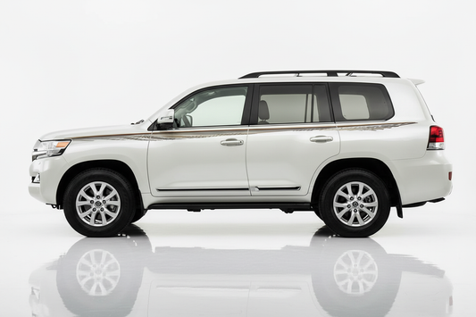 White and grey Land Cruiser with gold brown stripes facing left