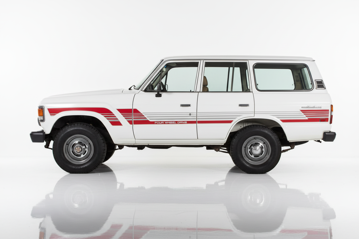 White Land Cruiser FJ 60 with red and silver stripes facing left