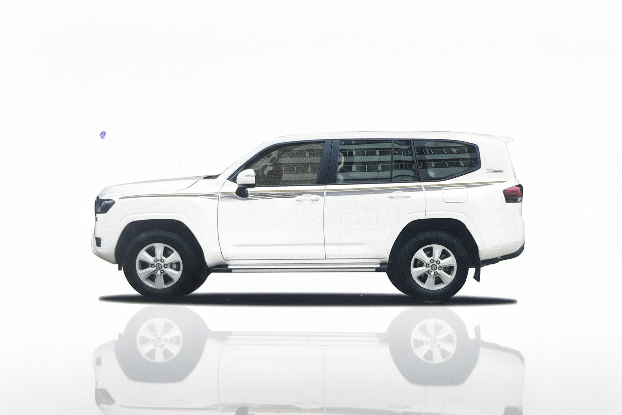 White Land Cruiser showroom image with more background