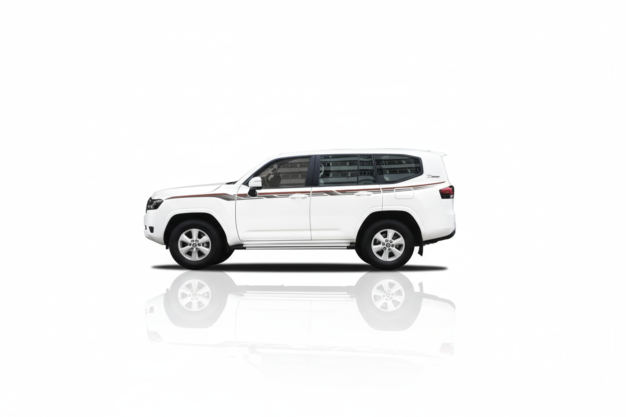 White Land Cruiser showroom style with racing stripes