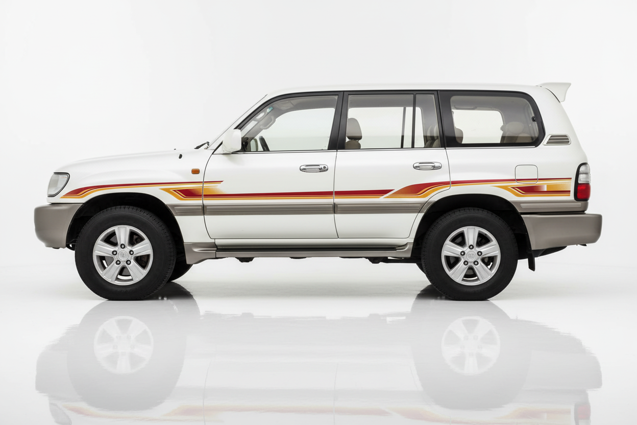 White Land Cruiser with flame stripes facing left
