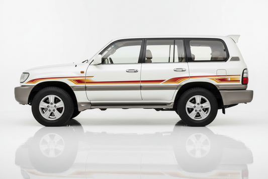 White Land Cruiser with flame stripes facing left