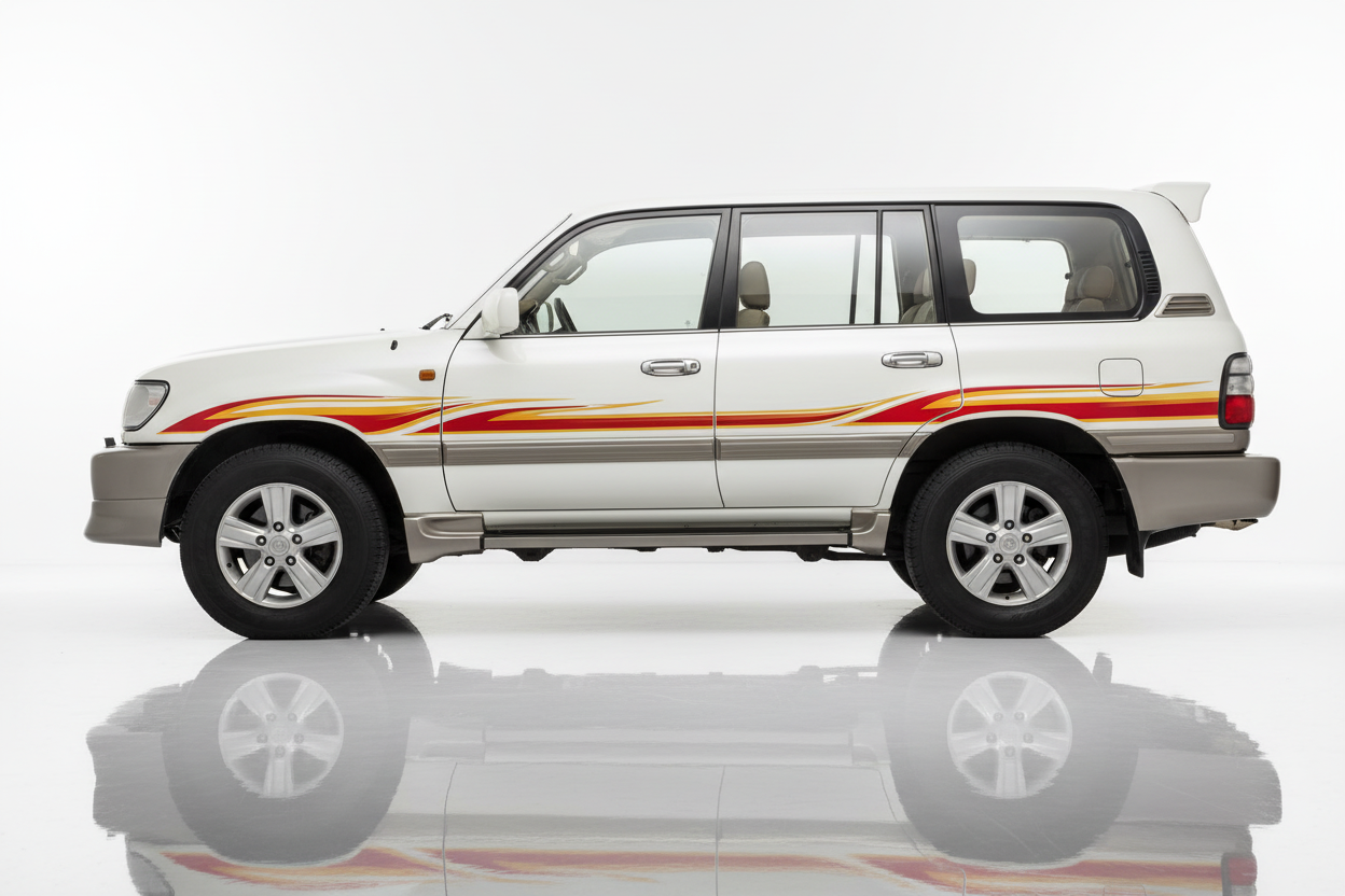 White Land Cruiser with flame stripes facing left
