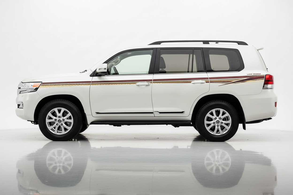 White Land Cruiser with gold and black angular stripes facing left