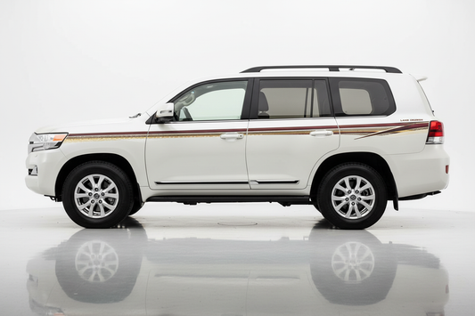 White Land Cruiser with gold and black angular stripes facing left