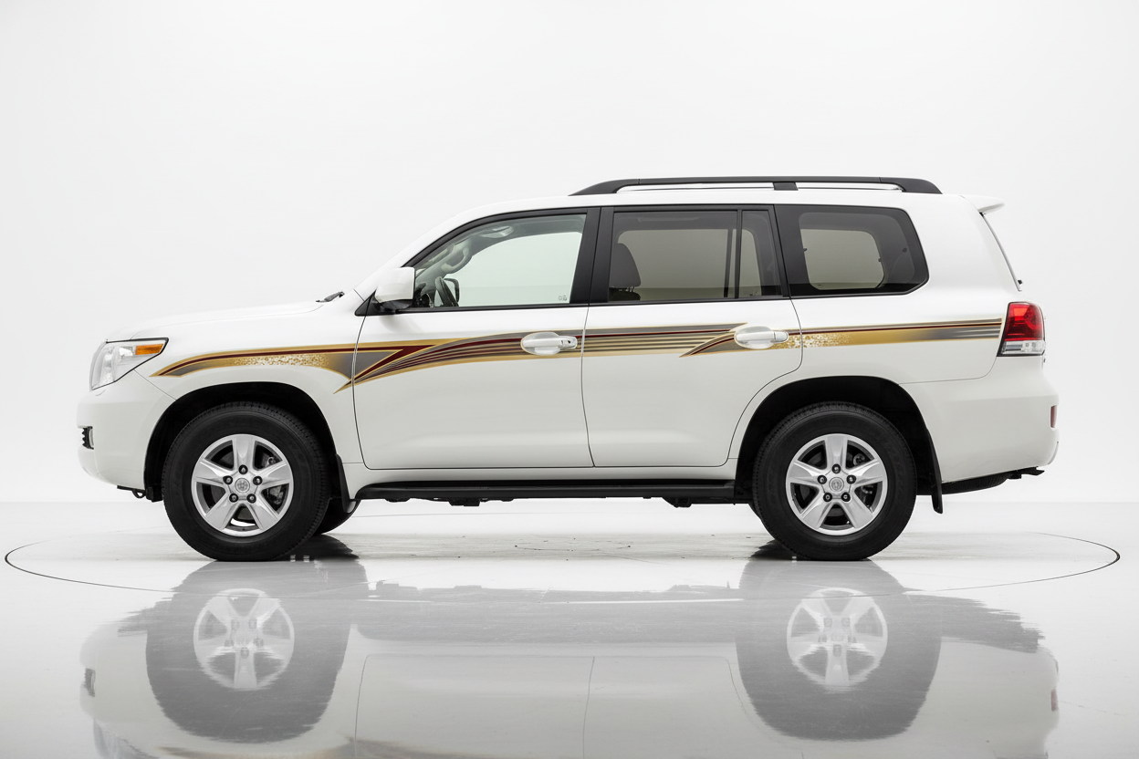 White Land Cruiser with gold and brown flowing stripes facing left