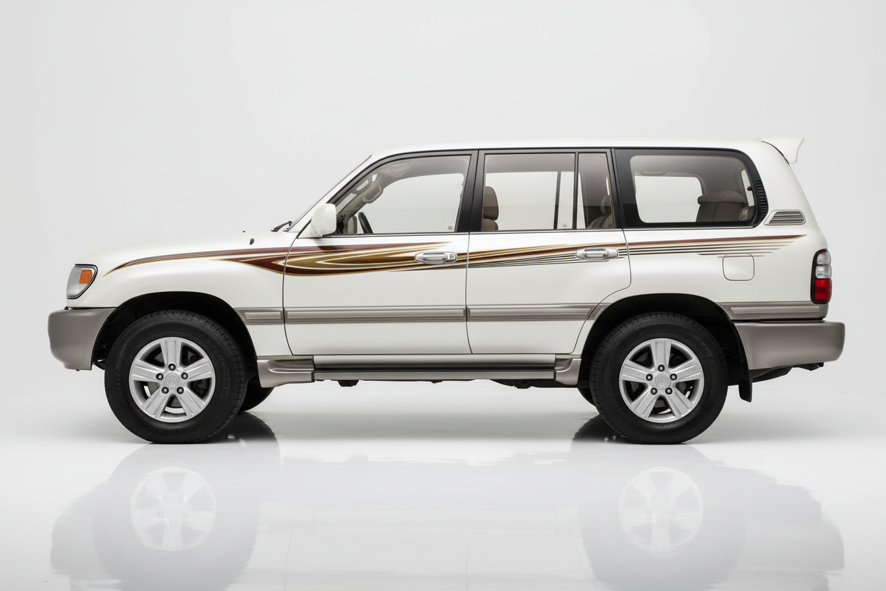 White Land Cruiser with gold and brown stripes facing left