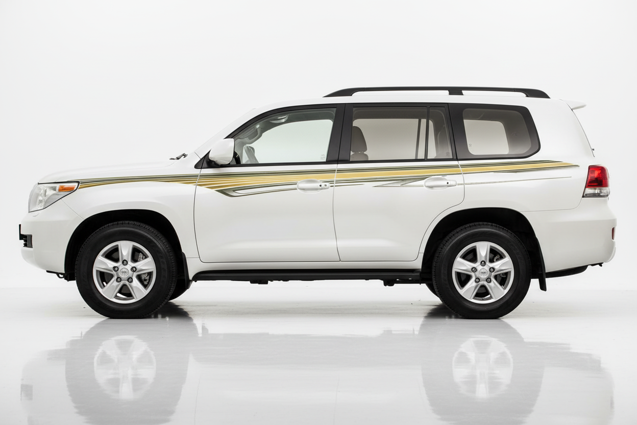 White Land Cruiser with gold and green angular stripes facing left