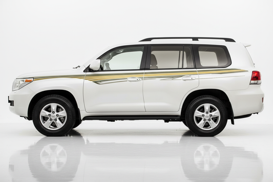 White Land Cruiser with gold and green angular stripes facing left