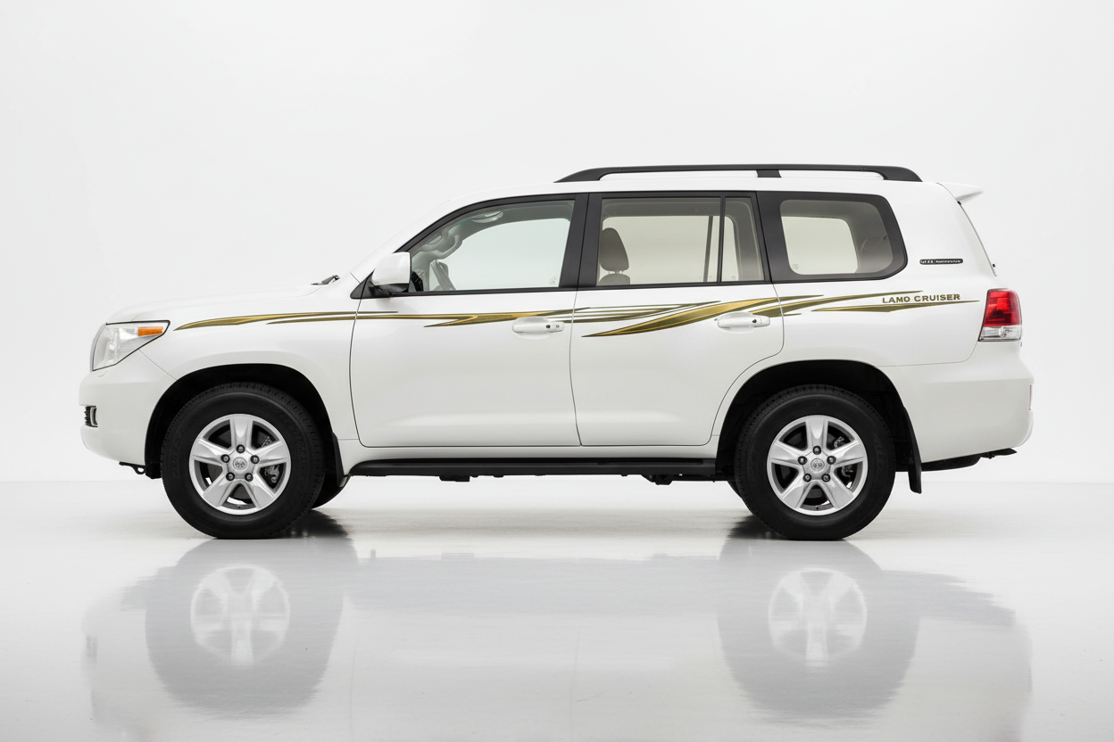 White Land Cruiser with gold and green angular stripes facing left