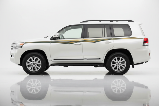 White Land Cruiser with gold and green flowing stripes facing left