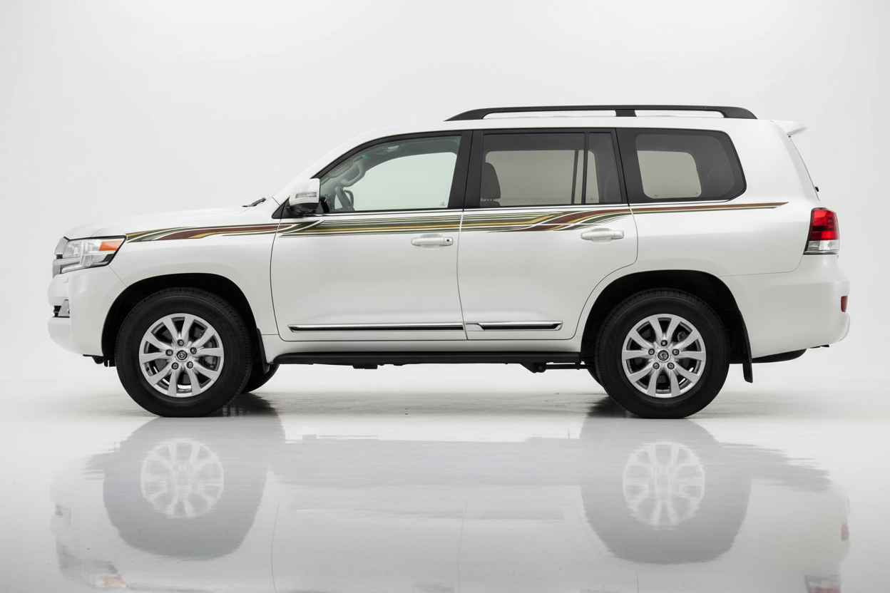 White Land Cruiser with gold and green flowing stripes facing left