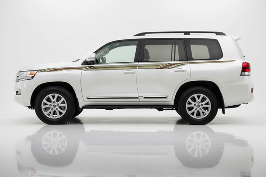 White Land Cruiser with gold and green flowing stripes facing left