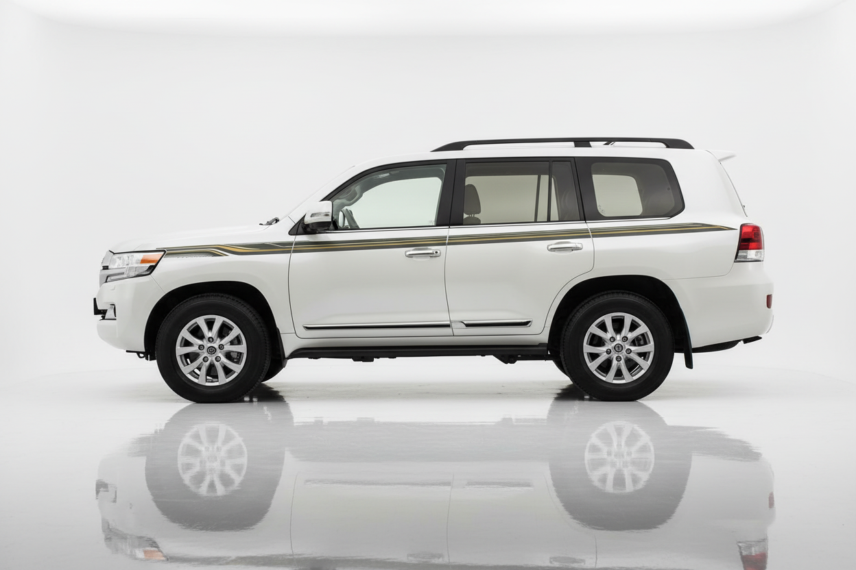 White Land Cruiser with gold and green flowing stripes facing left