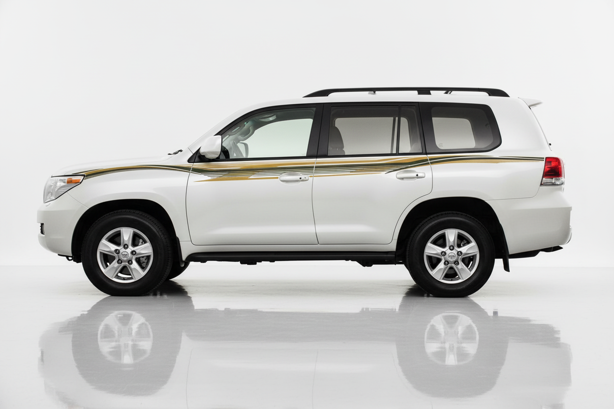 White Land Cruiser with gold and green flowing stripes facing left