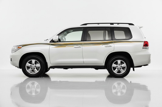 White Land Cruiser with gold and green flowing stripes facing left