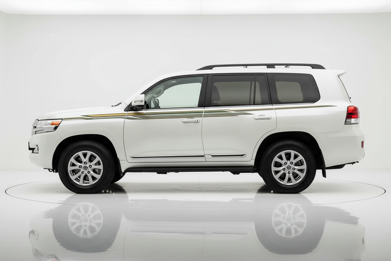 White Land Cruiser with gold and green flowing stripes facing left