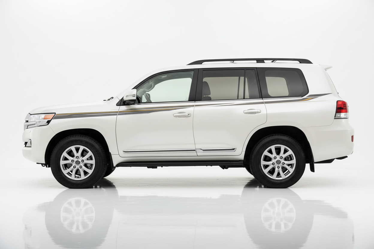 White Land Cruiser with gold and grey stripes facing left