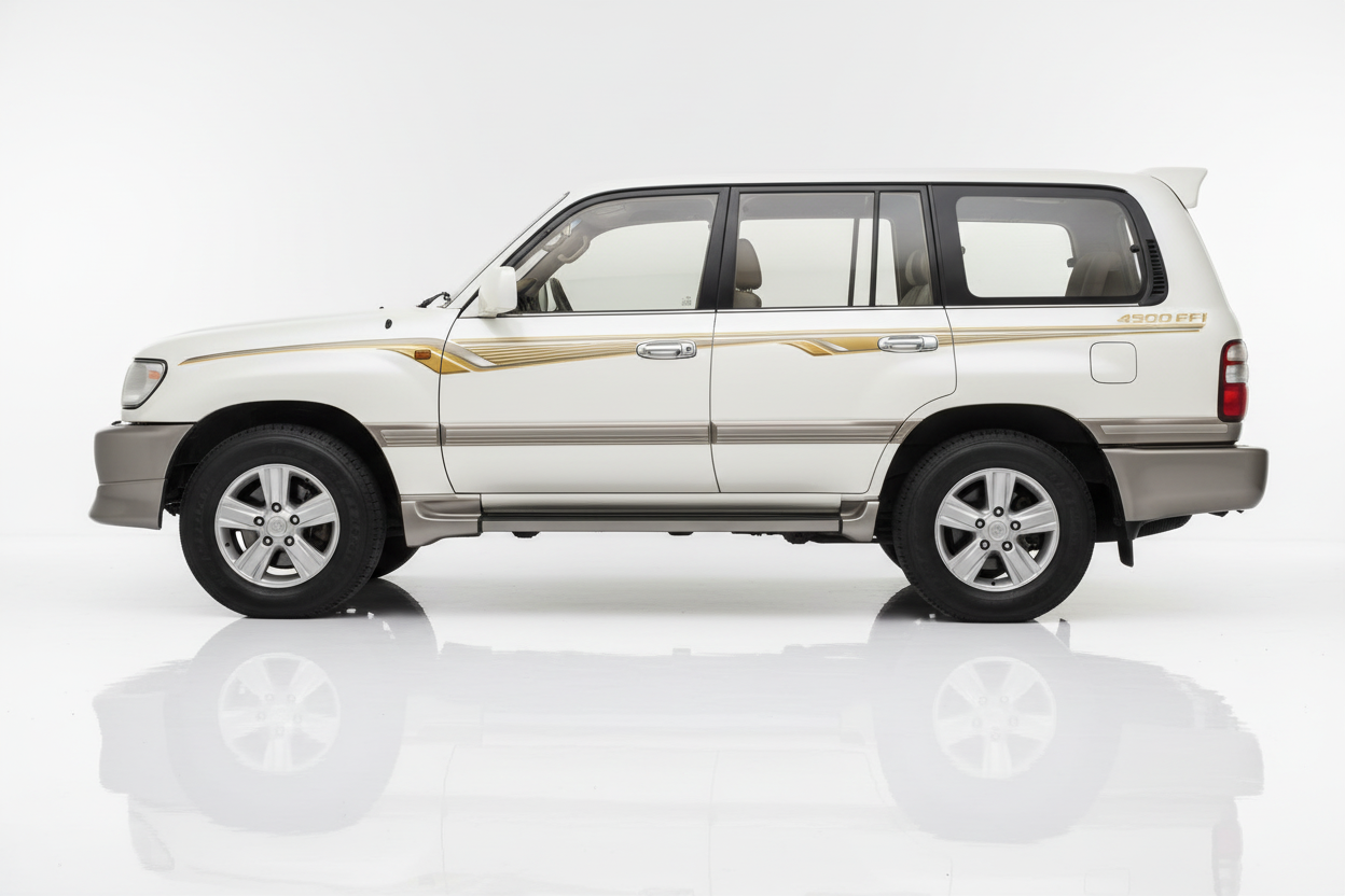 White Land Cruiser with gold angular stripes facing left