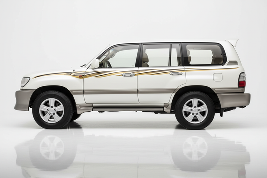 White Land Cruiser with gold angular stripes facing left
