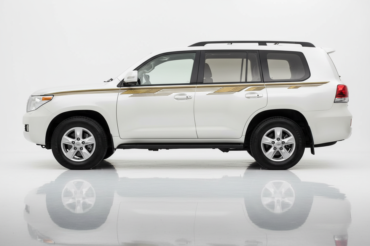 White Land Cruiser with gold angular stripes facing left