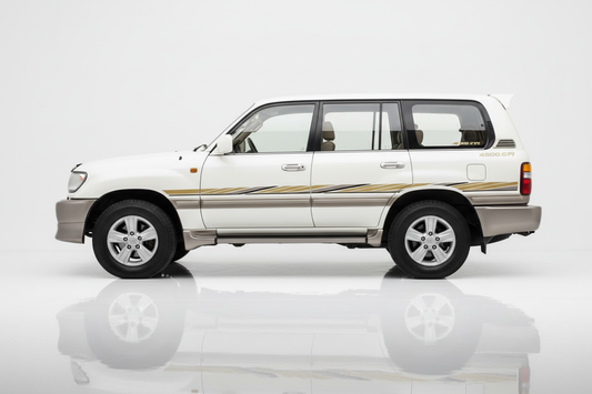 White Land Cruiser with gold angular stripes