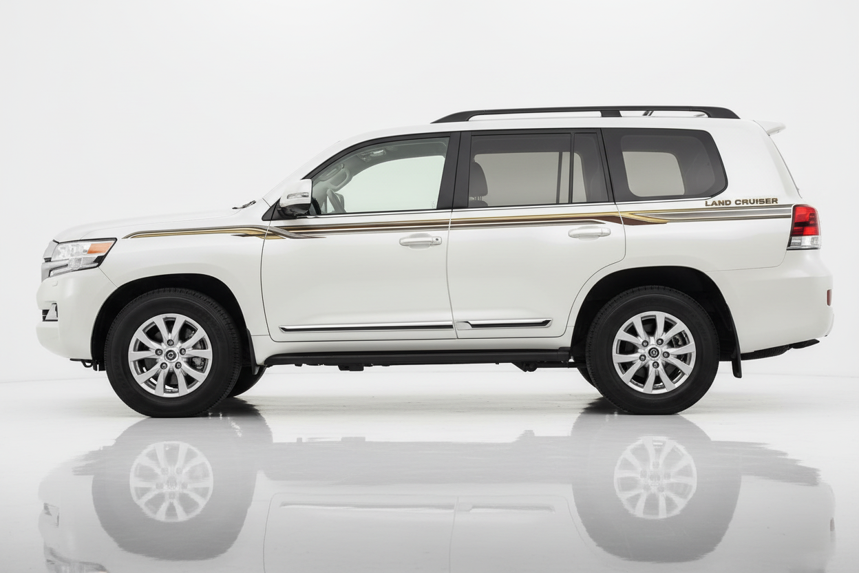 White Land Cruiser with gold brown flowing stripes and text facing left