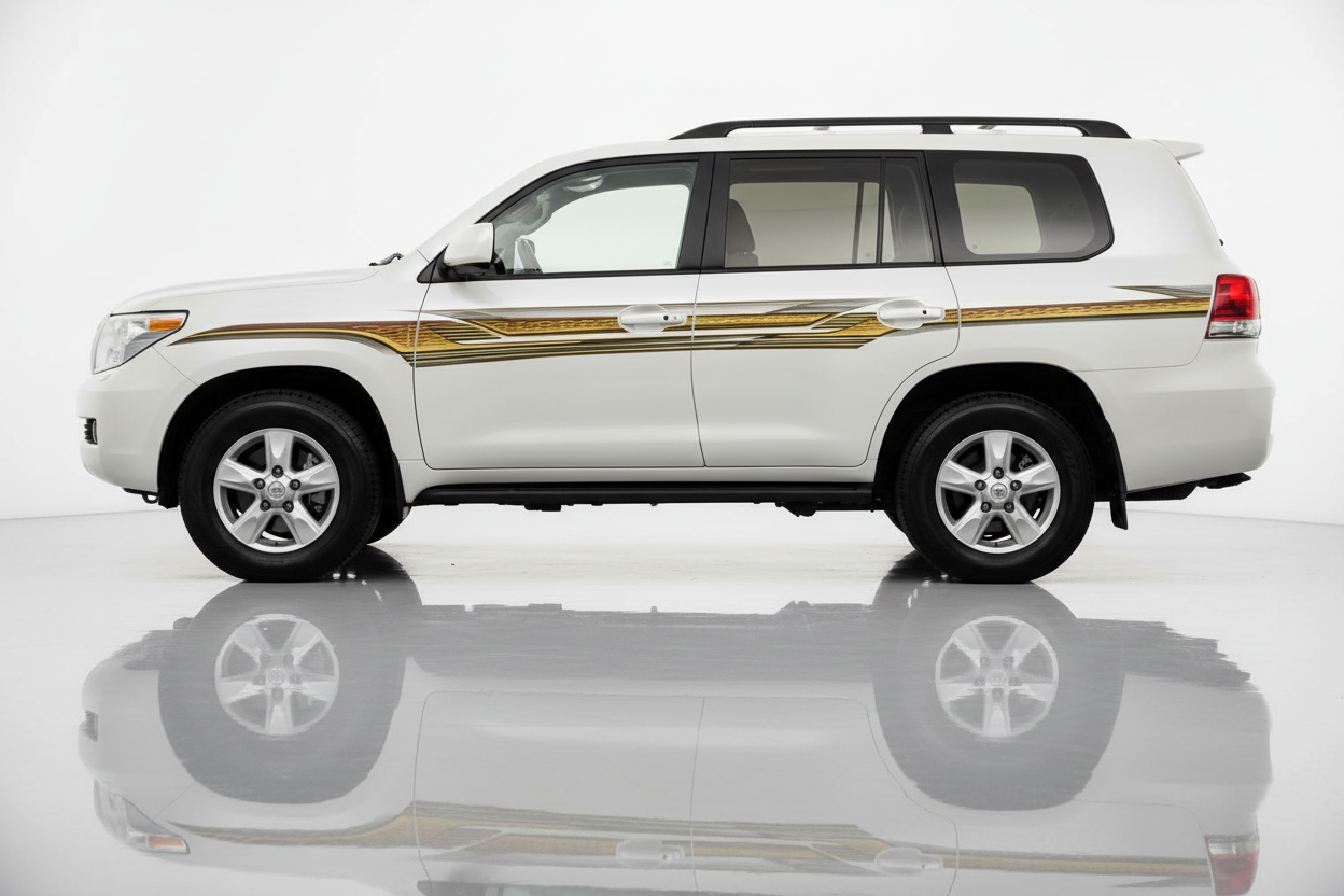 White Land Cruiser with gold brown green stripes facing left