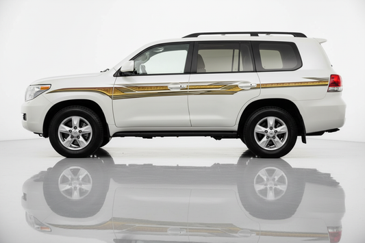 White Land Cruiser with gold brown green stripes facing left
