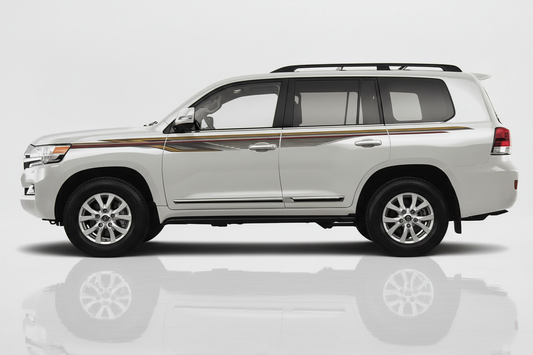 White Land Cruiser with gold maroon brown angular stripes facing left