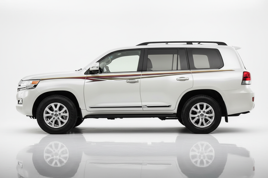 White Land Cruiser with gold red green stripes facing left