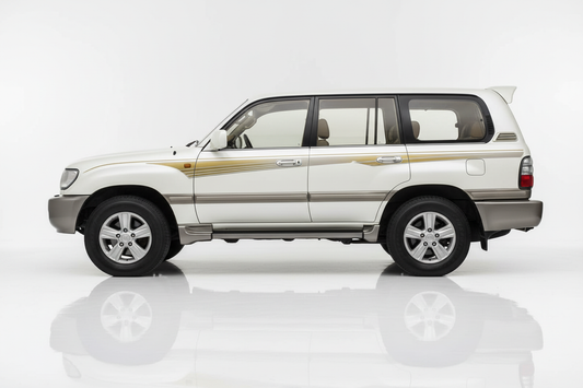 White Land Cruiser with gold stripes facing left