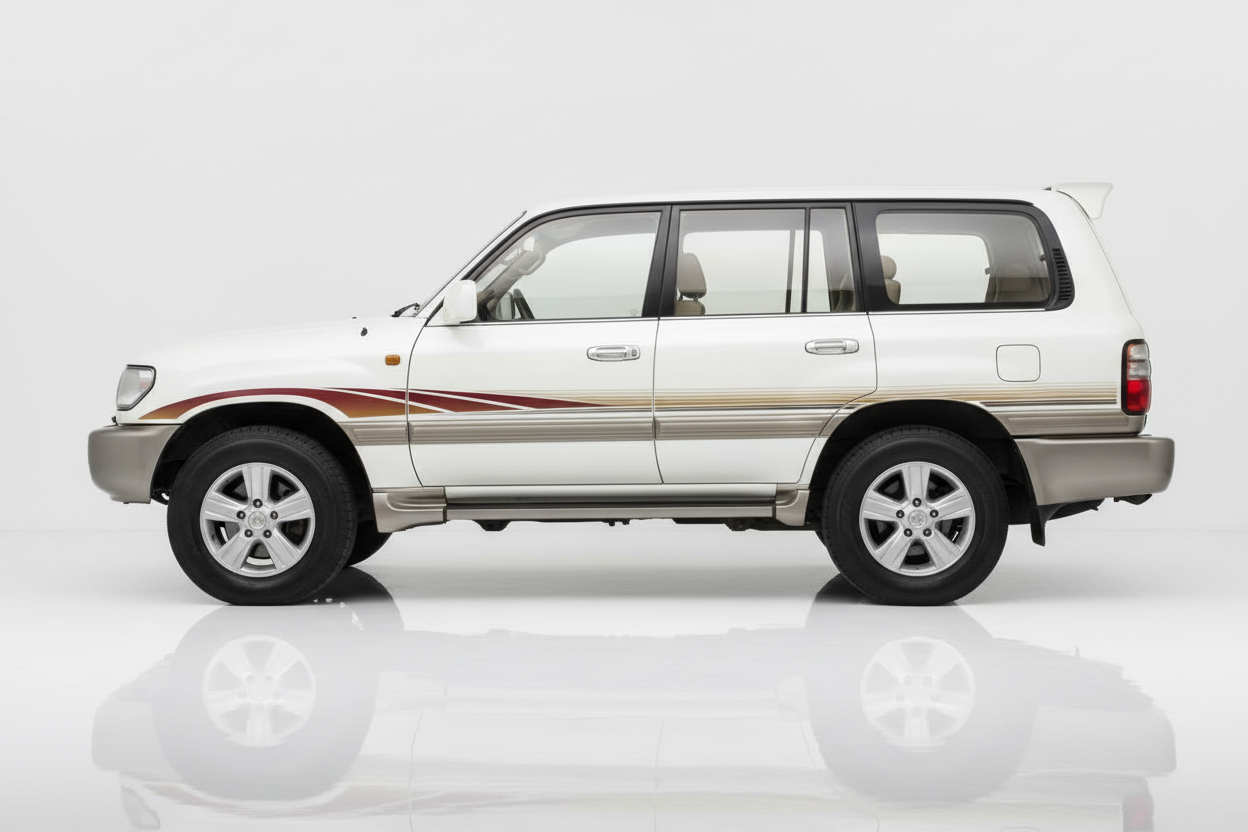 White Land Cruiser with maroon and gold stripes