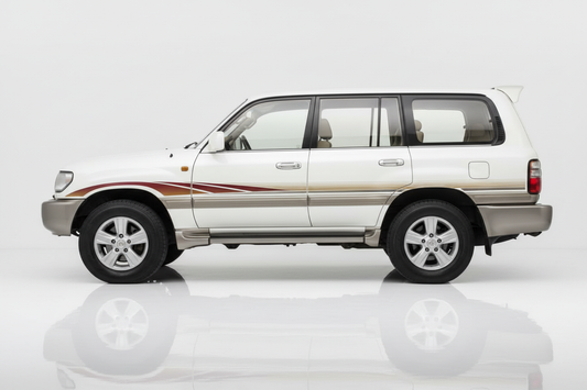 White Land Cruiser with maroon and gold stripes