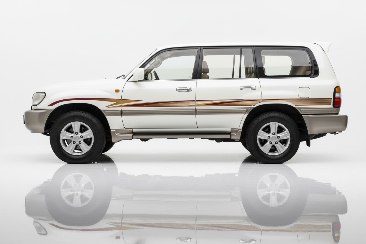White Land Cruiser with maroon-red gold brown stripes facing left