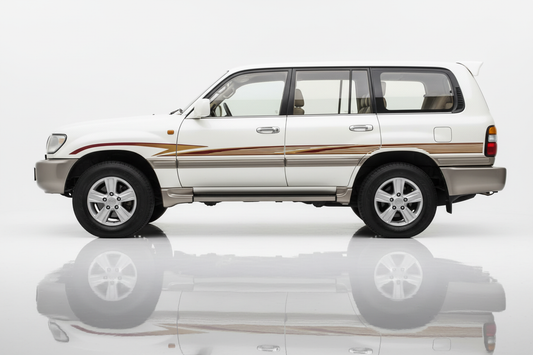 White Land Cruiser with maroon-red gold brown stripes facing left