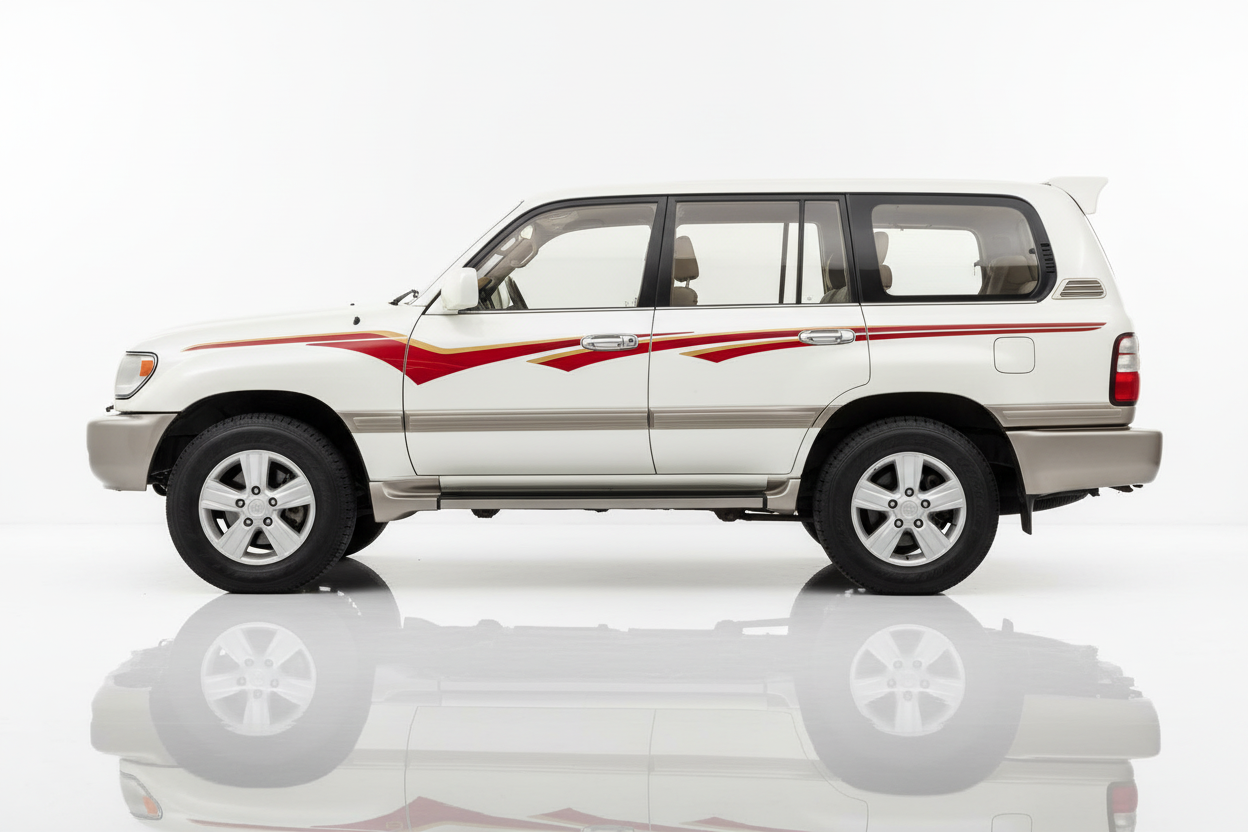 White Land Cruiser with red and gold stripes facing left