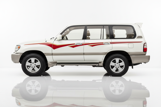 White Land Cruiser with red and gold stripes facing left